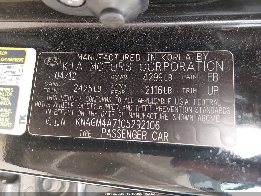2012 Kia Optima Lx VIN: KNAGM4A71C5292106 Lot: 45572500
