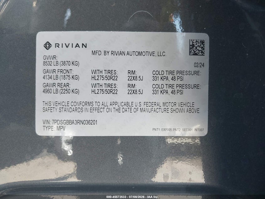 2024 Rivian R1S Adventure Dual Motor Large Pack/Adventure Dual Motor Perf Large Pack VIN: 7PDSGBBA3RN036201 Lot: 45572533