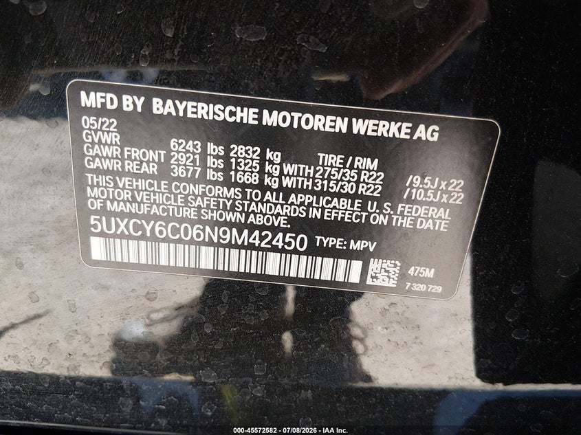 2022 BMW X6 xDrive40I VIN: 5UXCY6C06N9M42450 Lot: 45572582