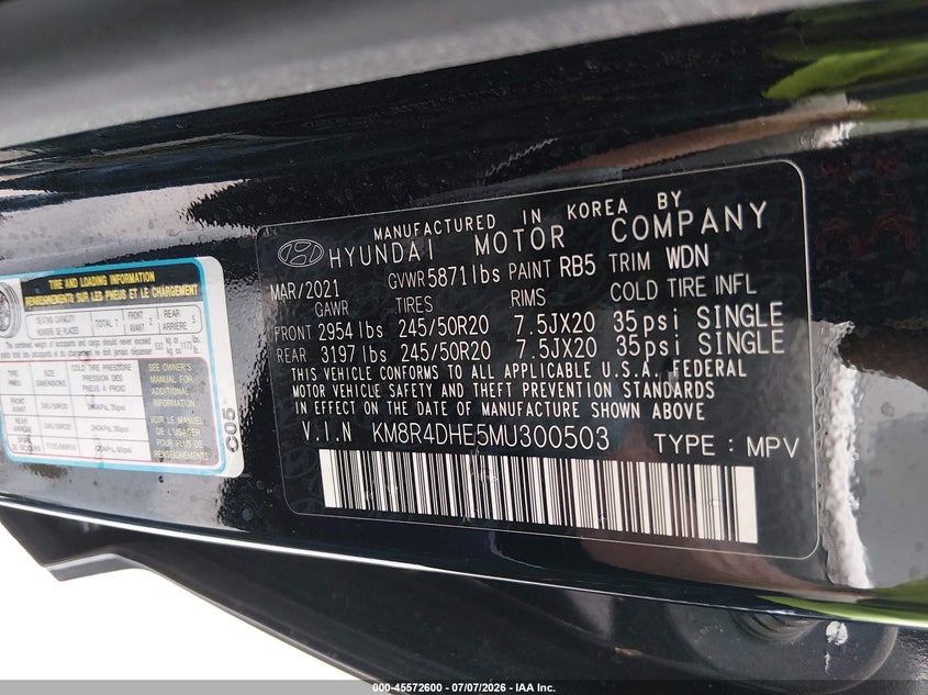 2021 Hyundai Palisade Sel VIN: KM8R4DHE5MU300503 Lot: 45572600
