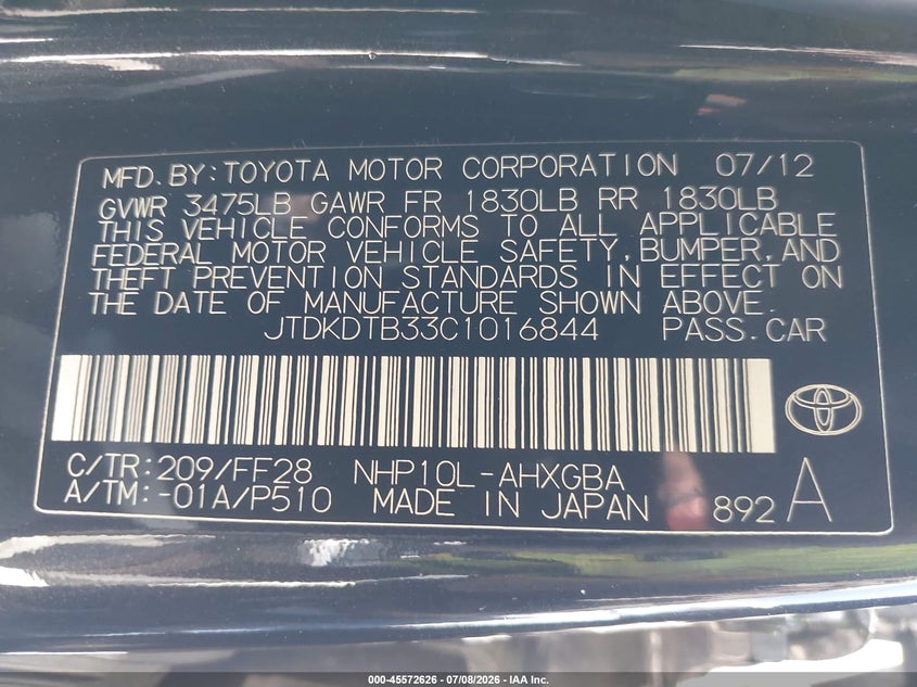 2012 Toyota Prius C Three VIN: JTDKDTB33C1016844 Lot: 45572626