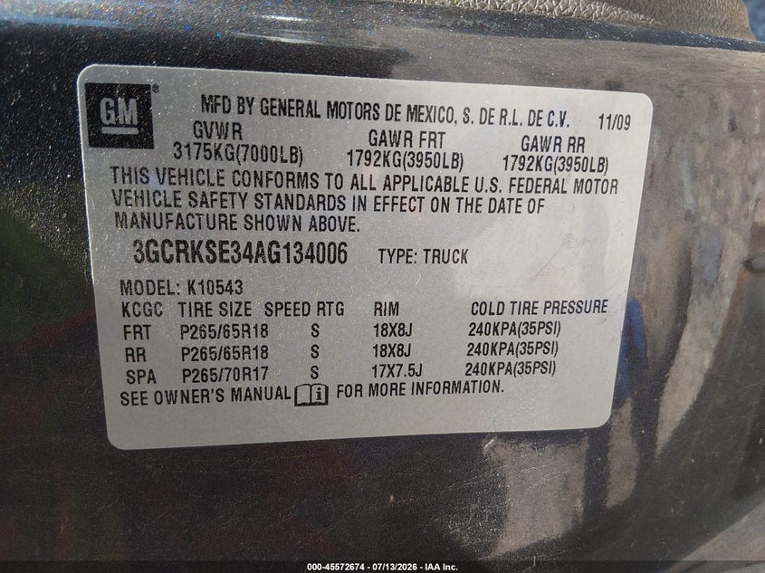 2010 Chevrolet Silverado 1500 Lt VIN: 3GCRKSE34AG134006 Lot: 45572674