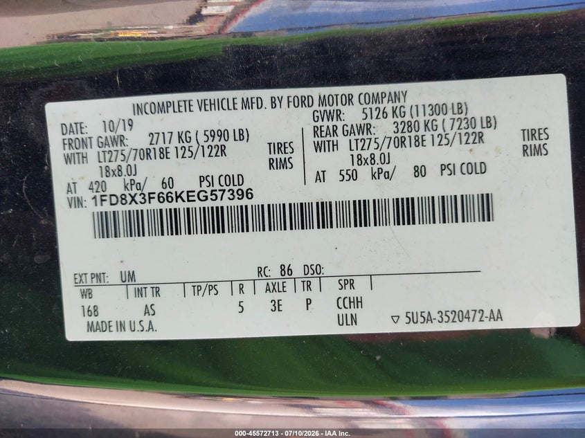 2019 Ford F-350 Chassis Lariat/Xl/Xlt VIN: 1FD8X3F66KEG57396 Lot: 45572713