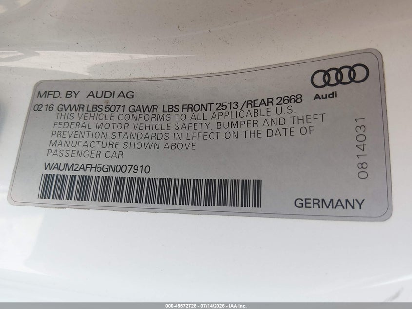 2016 Audi A5 Premium Plus VIN: WAUM2AFH5GN007910 Lot: 45572728