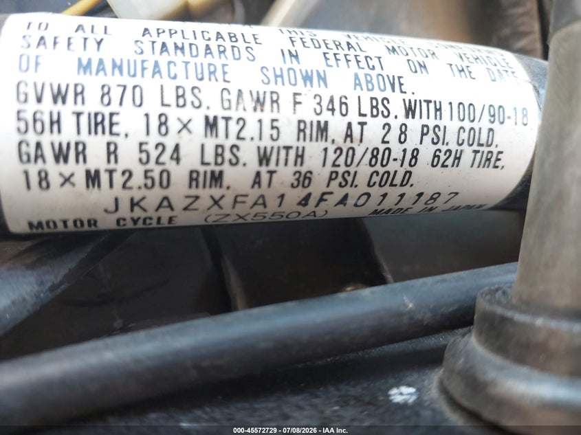 1985 Kawasaki Zx550 VIN: JKAZXFA14FA011187 Lot: 45572729