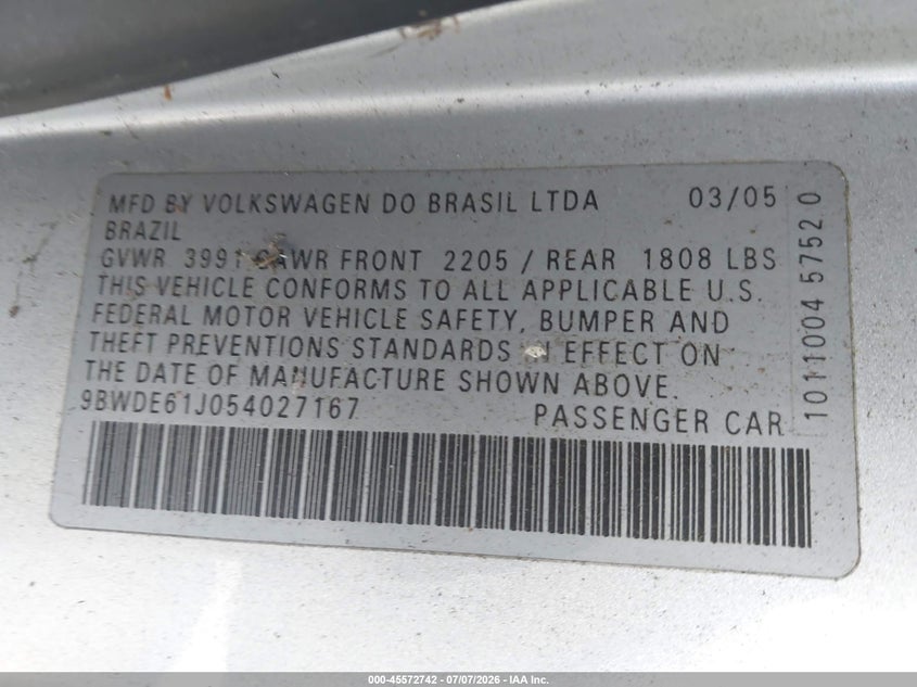 2005 Volkswagen Gti 1.8T VIN: 9BWDE61J054027167 Lot: 45572742