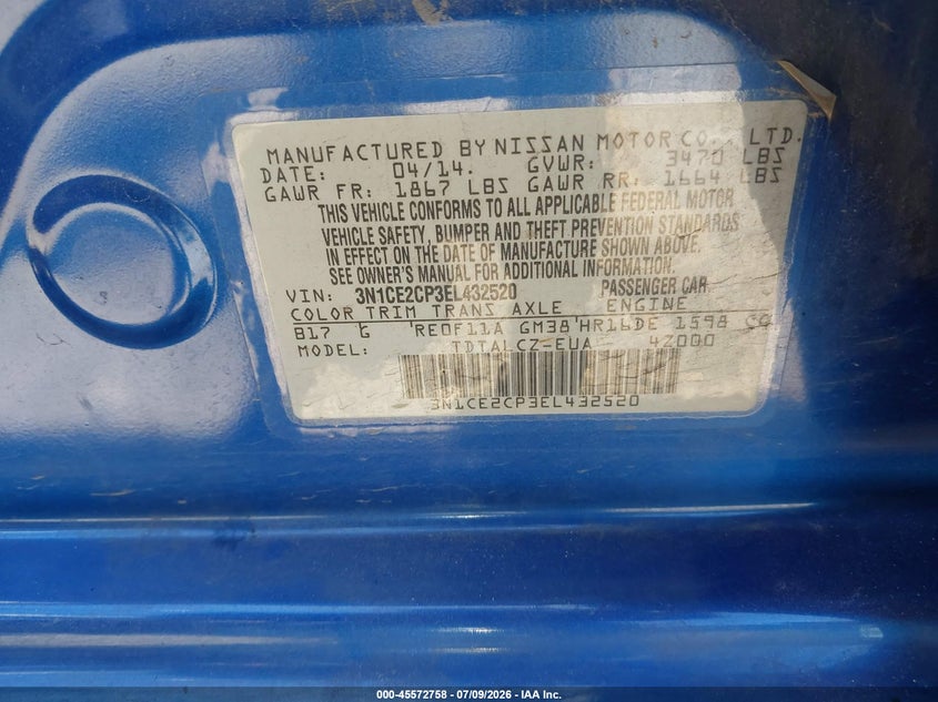 2014 Nissan Versa Note S Plus VIN: 3N1CE2CP3EL432520 Lot: 45572758