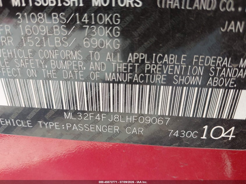 2020 Mitsubishi Mirage G4 Le VIN: ML32F4FJ8LHF09067 Lot: 45572771