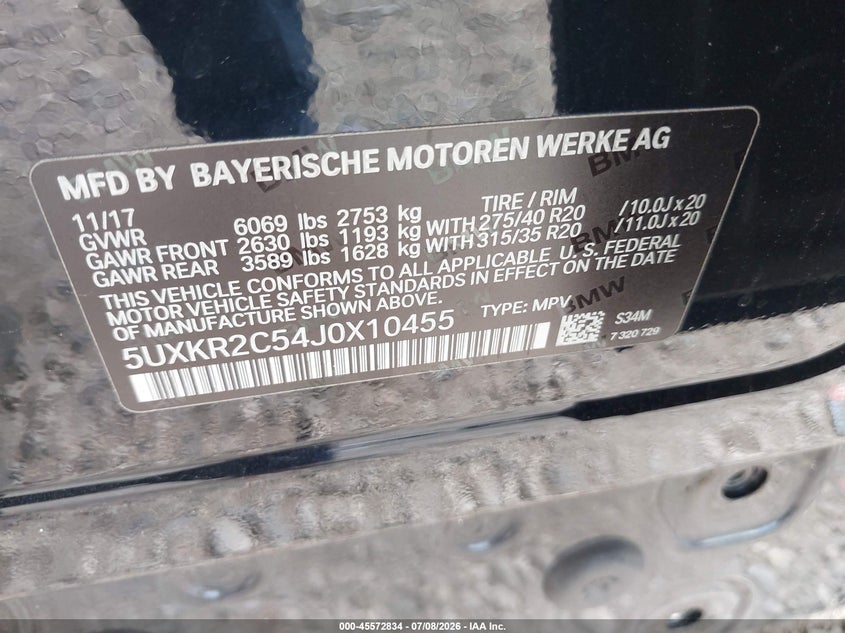 BMW X5 2018 VIN 5UXKR2C54J0X10455