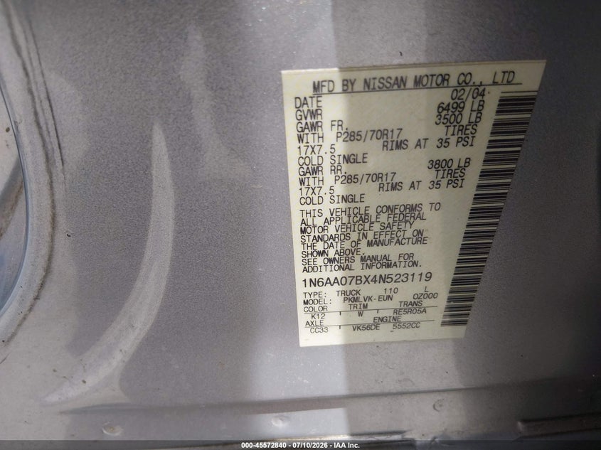 2004 Nissan Titan Le VIN: 1N6AA07BX4N523119 Lot: 45572840