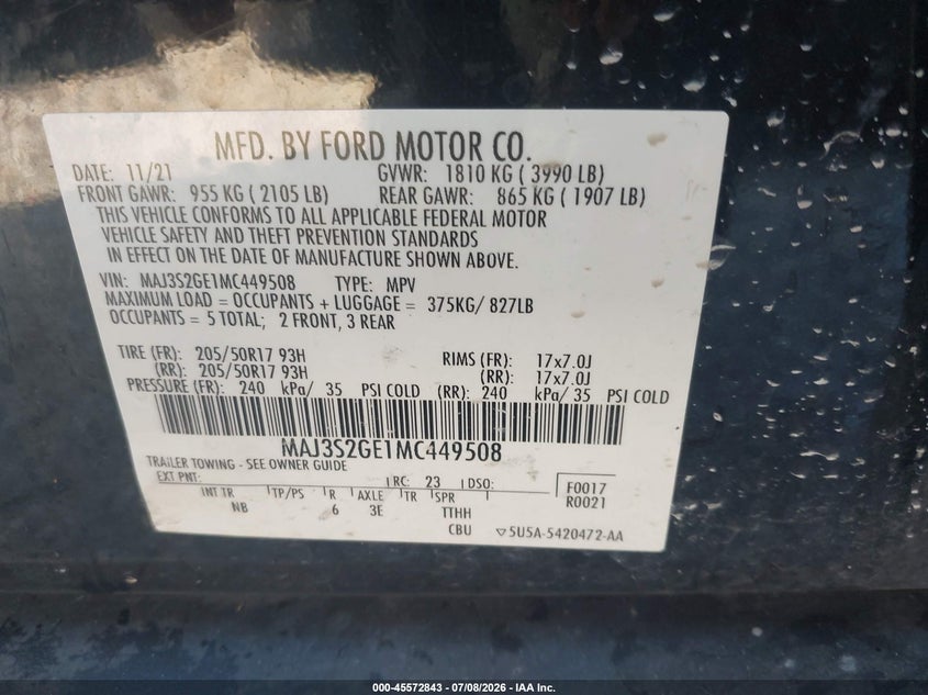 2021 Ford Ecosport Se VIN: MAJ3S2GE1MC449508 Lot: 45572843