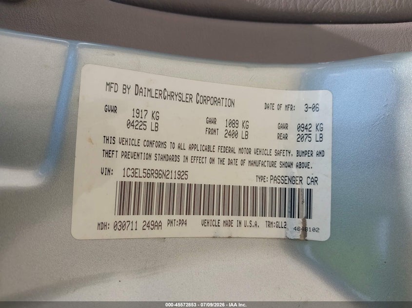 2006 Chrysler Sebring Touring VIN: 1C3EL56R96N211925 Lot: 45572853