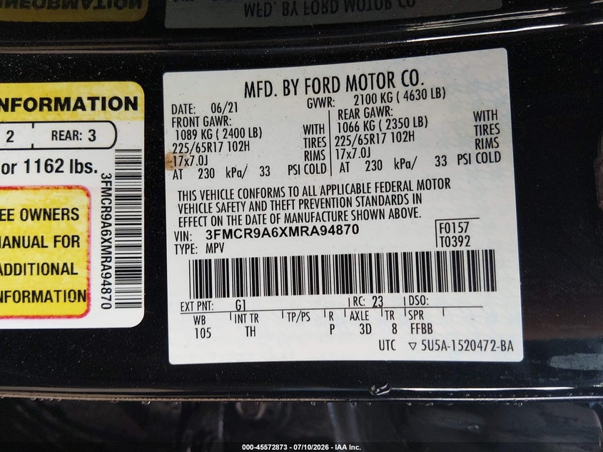 2021 Ford Bronco Sport VIN: 3FMCR9A6XMRA94870 Lot: 45572873