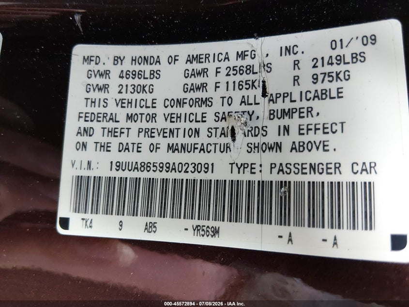 2009 Acura Tl 3.5 VIN: 19UUA86599A023091 Lot: 45572894