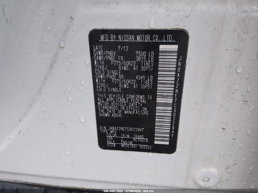 2012 Infiniti Qx56 VIN: JN8AZ2NE7C9022947 Lot: 45572965