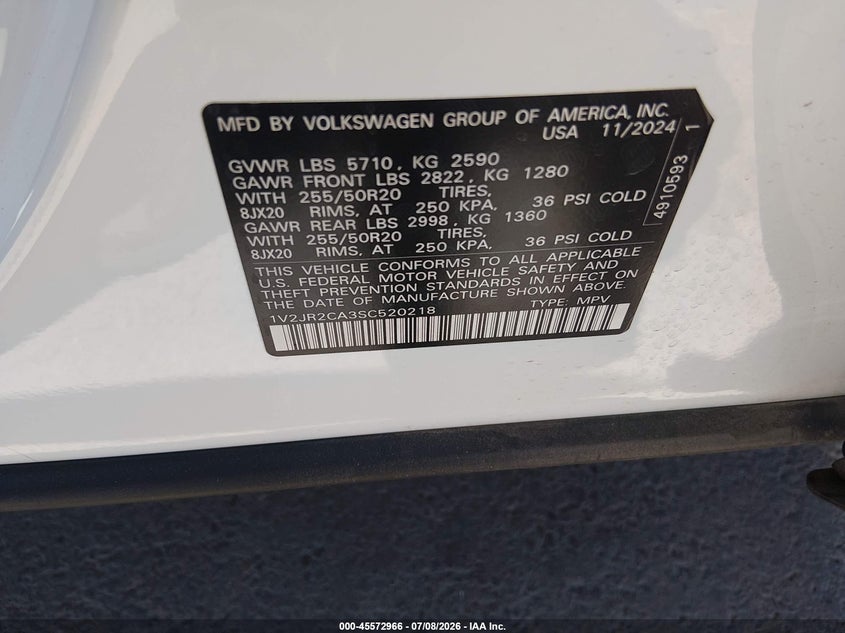 2025 Volkswagen Atlas 2.0T Se W/Technology VIN: 1V2JR2CA3SC520218 Lot: 45572966