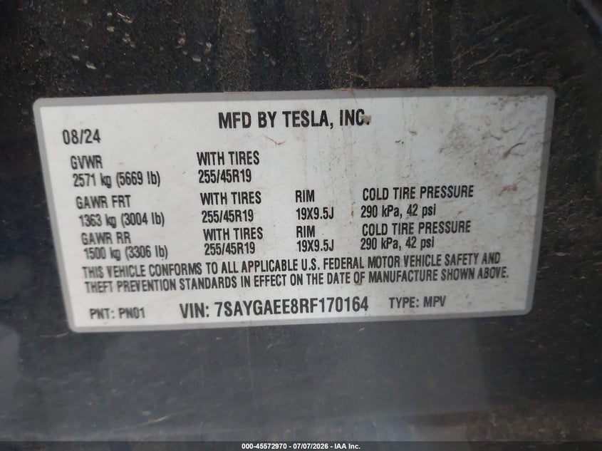2024 Tesla Model Y Long Range Dual Motor All-Wheel Drive VIN: 7SAYGAEE8RF170164 Lot: 45572970