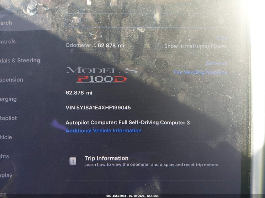 2017 Tesla Model S 100D/60D/75D/90D/P100D VIN: 5YJSA1E4XHF199045 Lot: 45572994