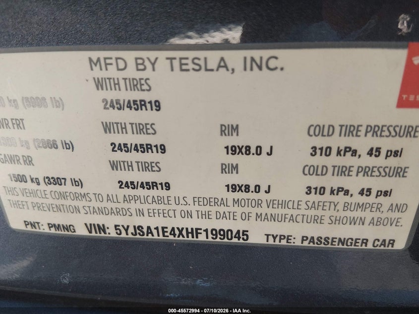 2017 Tesla Model S 100D/60D/75D/90D/P100D VIN: 5YJSA1E4XHF199045 Lot: 45572994