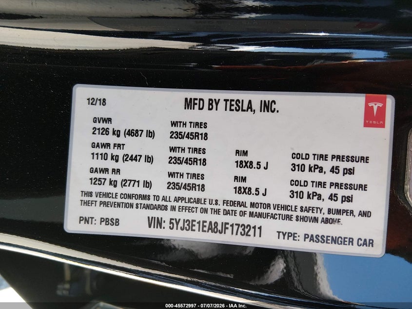 2018 Tesla Model 3 Long Range/Mid Range VIN: 5YJ3E1EA8JF173211 Lot: 45572997