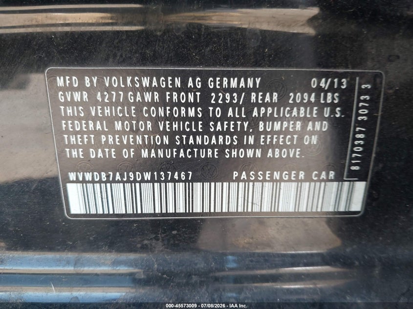 2013 Volkswagen Golf 2.5L 4-Door VIN: WVWDB7AJ9DW137467 Lot: 45573009