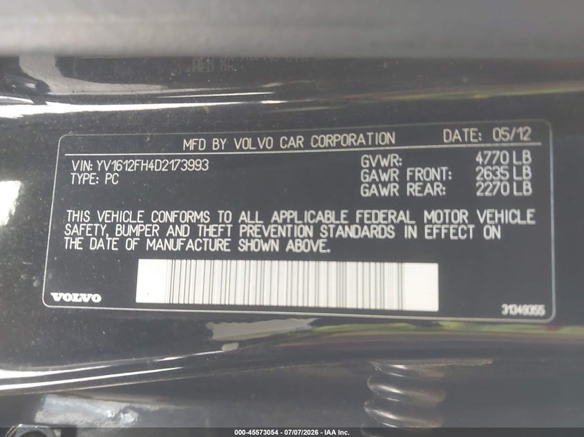 2013 Volvo S60 T5/T5 Platinum/T5 Premier/T5 Premier Plus VIN: YV1612FH4D2173993 Lot: 45573054