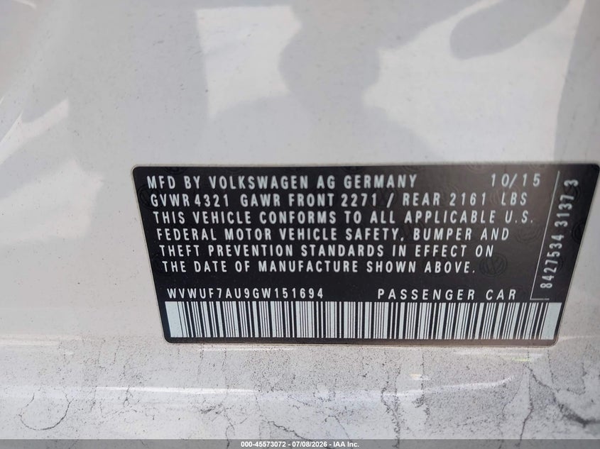 2016 Volkswagen Golf R 4-Door VIN: WVWUF7AU9GW151694 Lot: 45573072