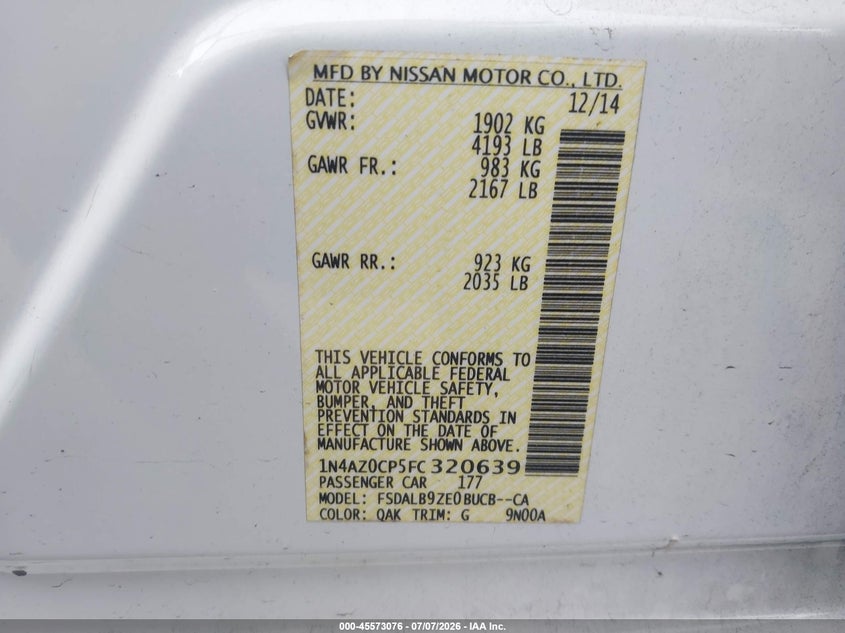 2015 Nissan Leaf S VIN: 1N4AZ0CP5FC320639 Lot: 45573076