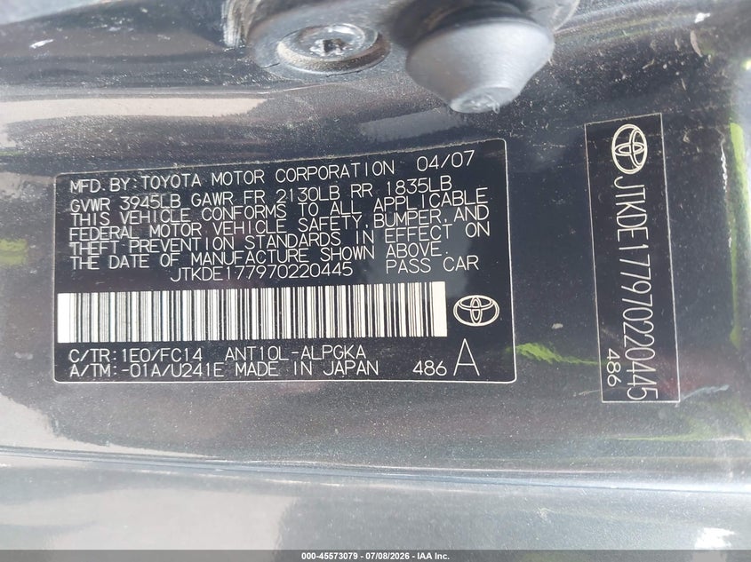 2007 Scion Tc VIN: JTKDE177970220445 Lot: 45573079
