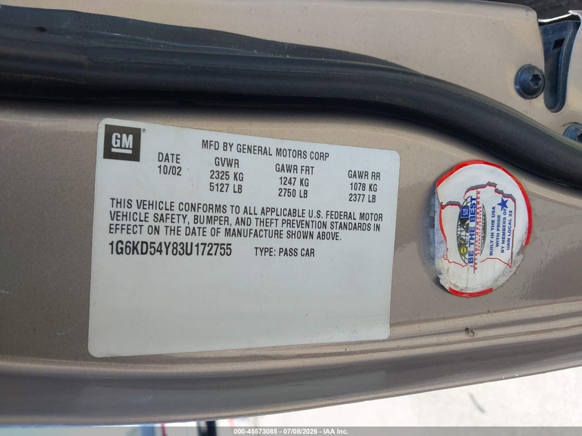 2003 Cadillac Deville Standard VIN: 1G6KD54Y83U172755 Lot: 45573085