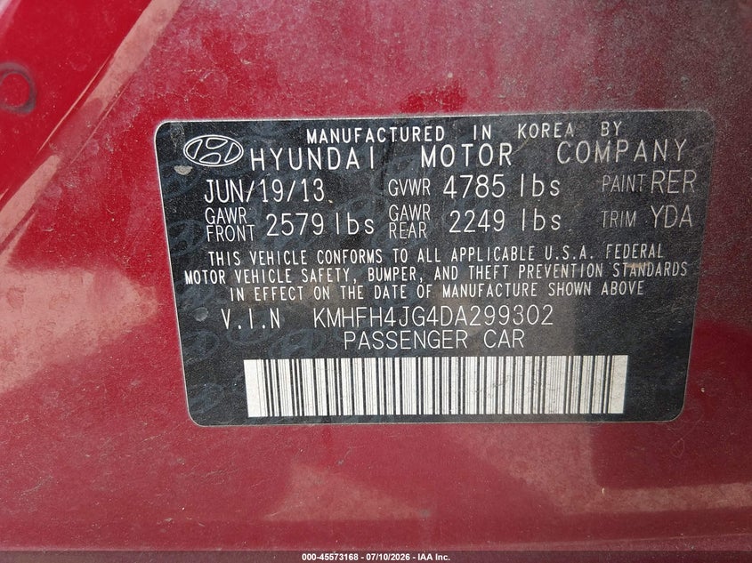 2013 Hyundai Azera VIN: KMHFH4JG4DA299302 Lot: 45573168