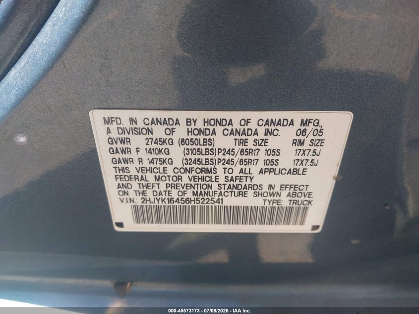 2006 Honda Ridgeline Rts VIN: 2HJYK16456H522541 Lot: 45573173