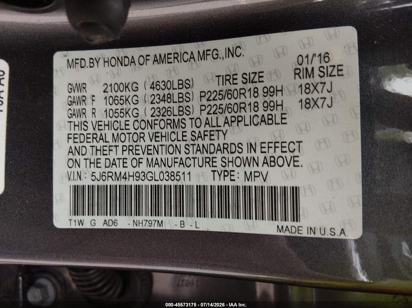 2016 HONDA CR-V SPORT UTILITY VEHICLE 2.4L I-4 DI, DOHC, VVT, 185HP