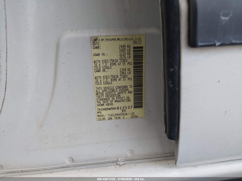 2013 Nissan Xterra S VIN: 5N1AN0NW9DN813537 Lot: 45573192