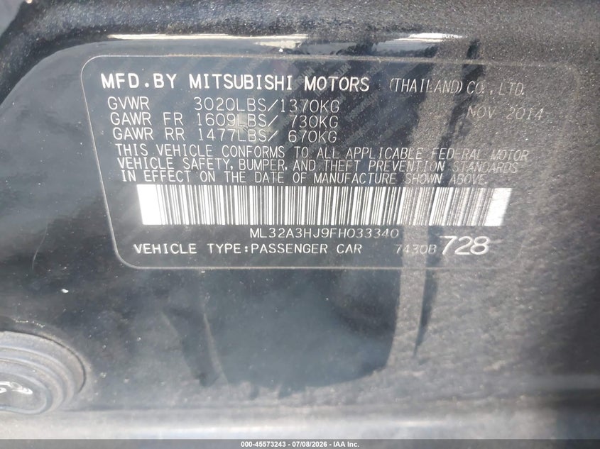 2015 Mitsubishi Mirage De VIN: ML32A3HJ9FH033340 Lot: 45573243