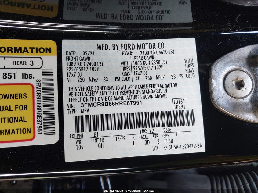 2024 Ford Bronco Sport Big Bend VIN: 3FMCR9B66RRE87951 Lot: 45573292