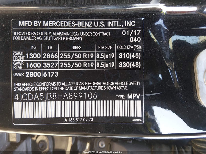 2017 Mercedes-Benz Gle 350 VIN: 4JGDA5JB8HA899106 Lot: 45573319