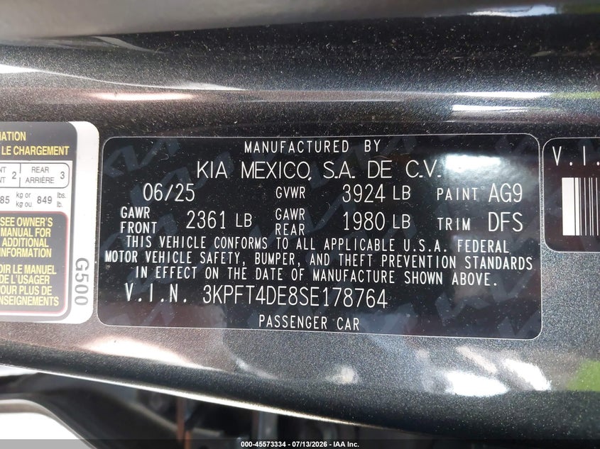 2025 Kia K4 Lxs VIN: 3KPFT4DE8SE178764 Lot: 45573334