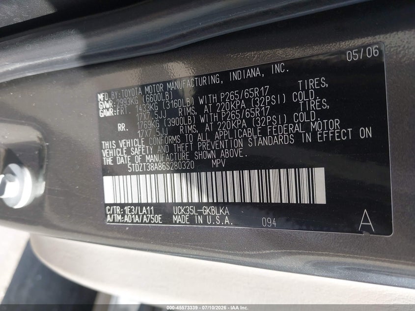 2006 Toyota Sequoia Limited V8 VIN: 5TDZT38A86S280320 Lot: 45573339
