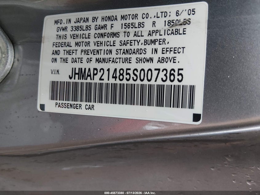 2005 Honda S2000 VIN: JHMAP21485S007365 Lot: 45573380
