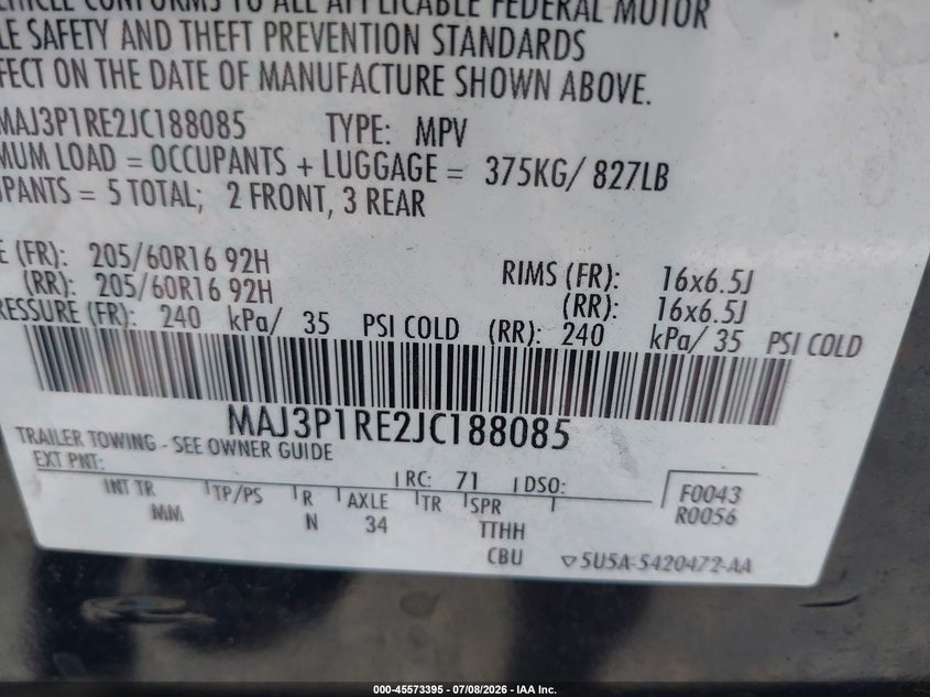 2018 Ford Ecosport S VIN: MAJ3P1RE2JC188085 Lot: 45573395