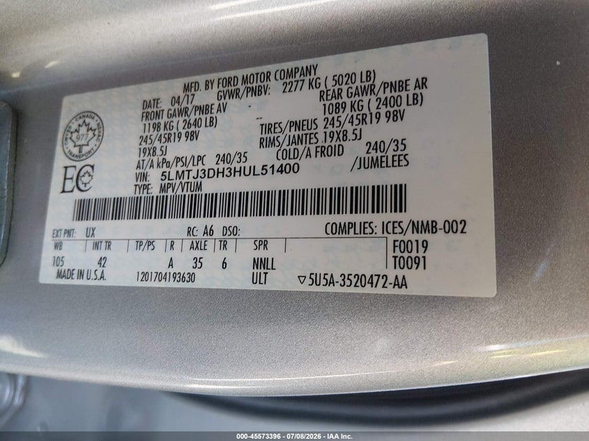 2017 Lincoln Mkc Reserve VIN: 5LMTJ3DH3HUL51400 Lot: 45573396