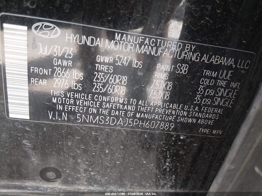 2023 Hyundai Santa Fe Sel VIN: 5NMS3DAJ5PH607889 Lot: 45573398
