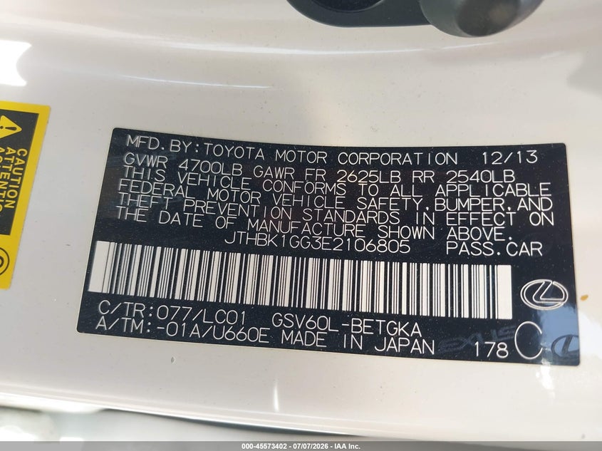 LEXUS ES 350 2014 VIN JTHBK1GG3E2106805