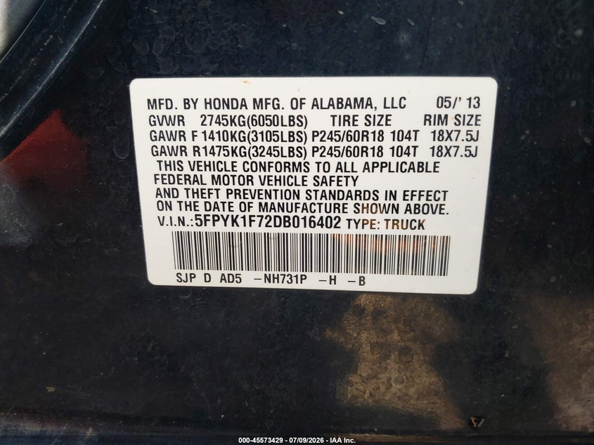 2013 Honda Ridgeline Sport VIN: 5FPYK1F72DB016402 Lot: 45573429
