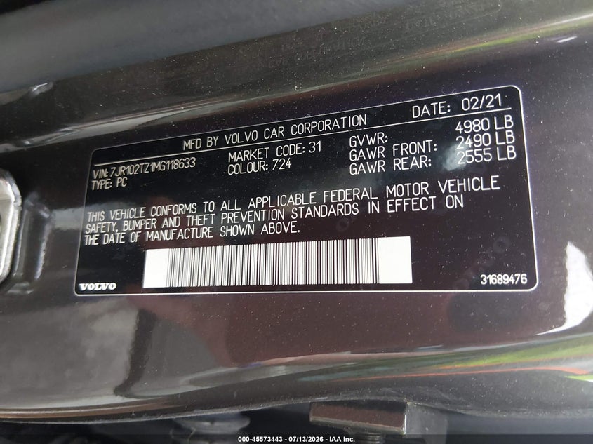 2021 Volvo S60 T5 Momentum VIN: 7JR102TZ1MG118633 Lot: 45573443
