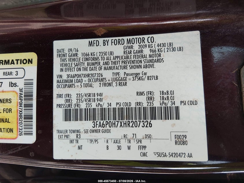 2017 FORD FUSION SEDAN 2.5L I-4 DOHC, VVT, 175HP