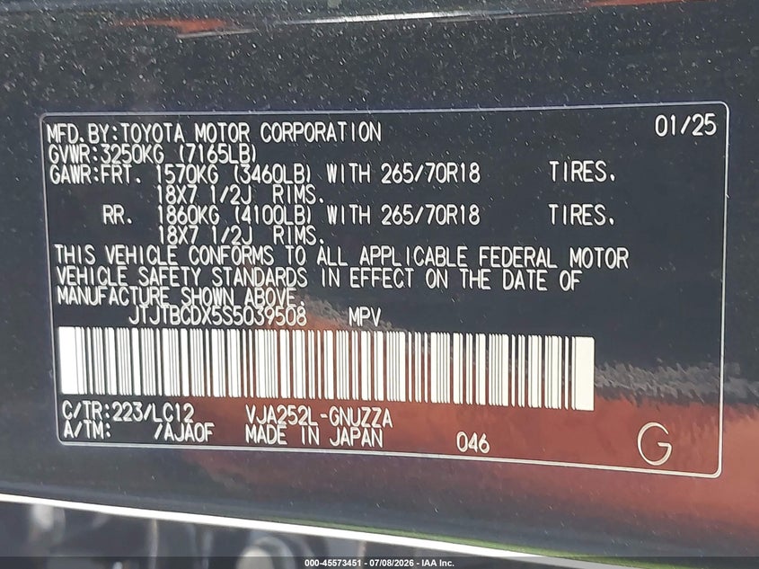 2025 Lexus Gx 550 Overtrail VIN: JTJTBCDX5S5039508 Lot: 45573451