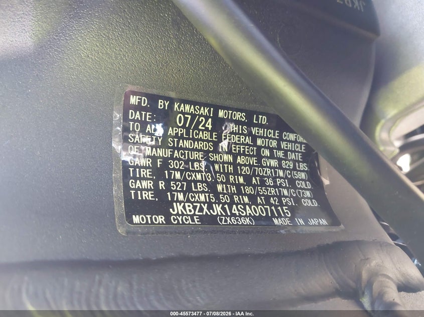 2025 Kawasaki Zx636 K VIN: JKBZXJK14SA007115 Lot: 45573477