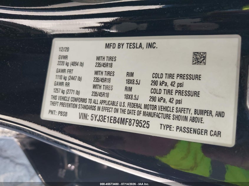 2021 TESLA MODEL 3 SEDAN ELECTRIC
